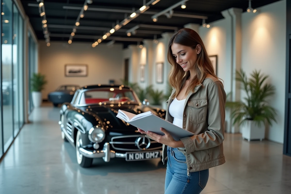 Jeune femme examine un catalogue auto moderne