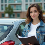 Jeune femme en denim avec dossier devant voiture en parking