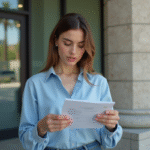 Jeune femme lisant un permis devant un bâtiment officiel