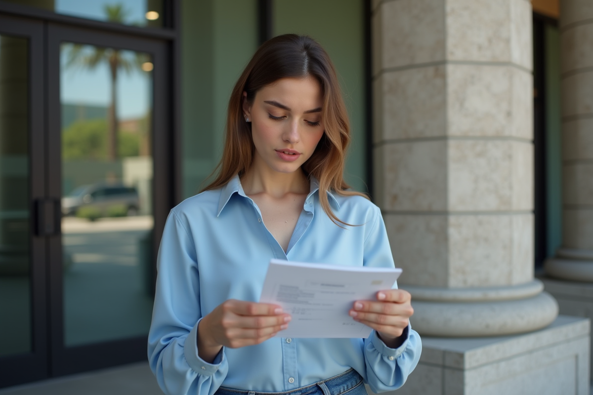 Jeune femme lisant un permis devant un bâtiment officiel