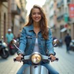 Jeune femme souriante sur un scooter en ville