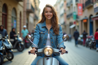 Jeune femme souriante sur un scooter en ville