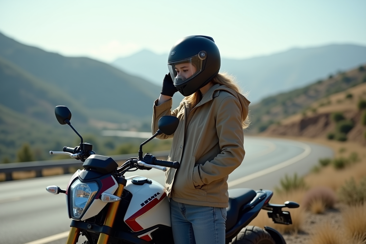 Jeune femme retire son casque près d