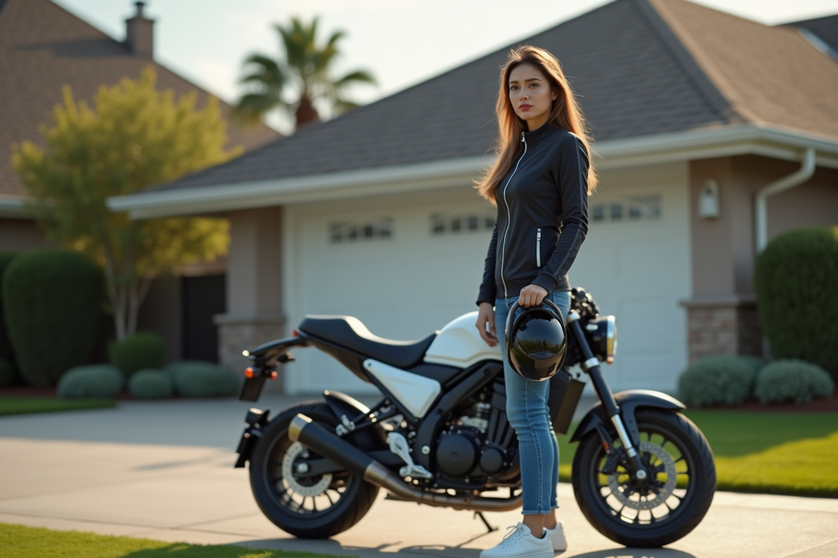 Jeune femme avec moto devant une maison de banlieue