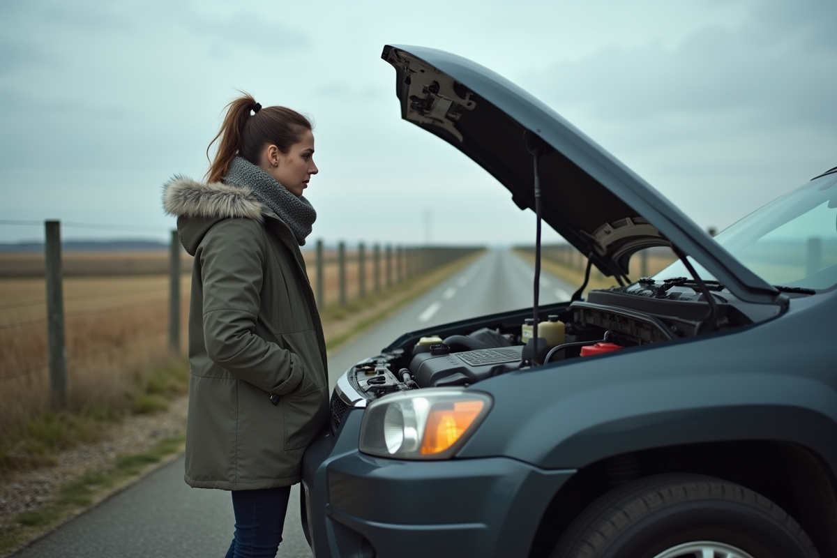Jeune femme regardant le moteur de son SUV en campagne
