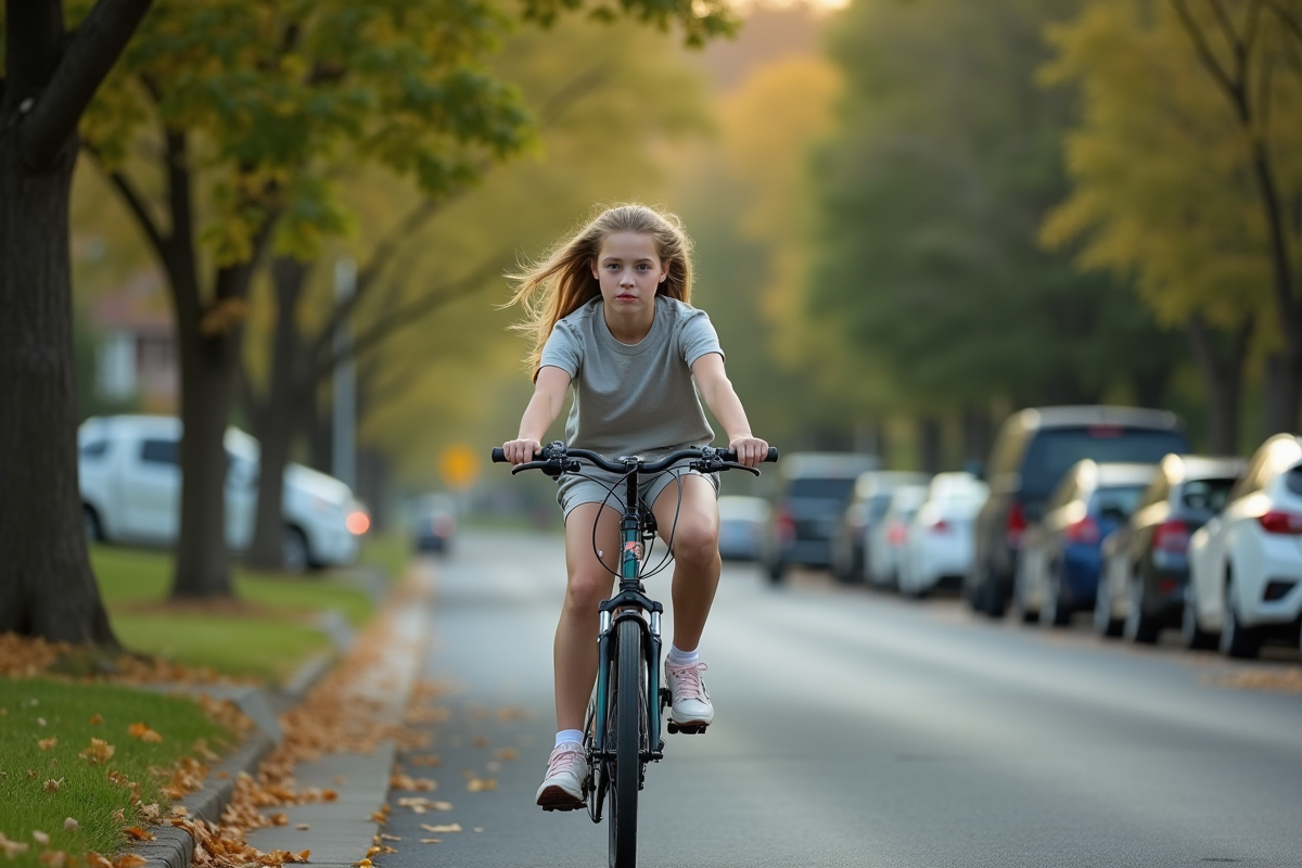 Fille à vélo sur une route résidentielle bordée d