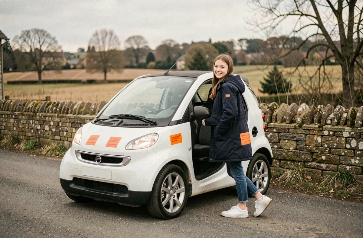 Jeune fille de 16 ans sortant d'une voiture sans permis blanche garée sur une route de campagne française