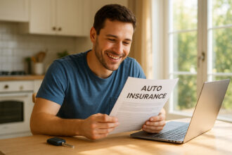 Jeune homme souriant vérifiant un contrat d'assurance auto à la maison