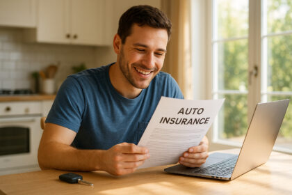 Jeune homme souriant vérifiant un contrat d'assurance auto à la maison