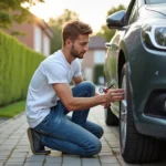 Jeune homme inspectant un pneu de voiture avec un manomètre