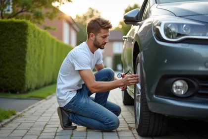 Jeune homme inspectant un pneu de voiture avec un manomètre