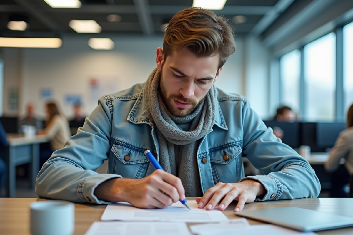 Jeune homme remplissant des formulaires dans un bureau administratif