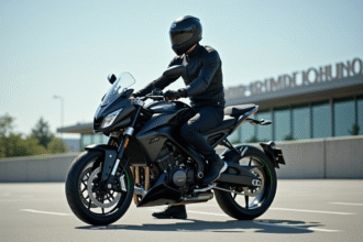 Jeune homme en équipement moto devant une école de conduite