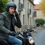 Jeune homme en moto urbaine avec écouteurs discrets