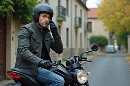 Jeune homme en moto urbaine avec écouteurs discrets