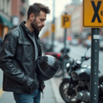 Jeune homme vérifiant la signalisation près d'un parking moto en ville