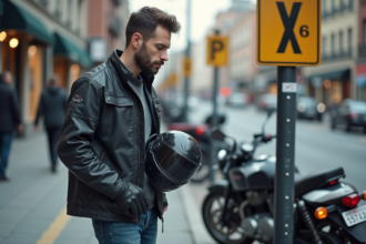 Jeune homme vérifiant la signalisation près d'un parking moto en ville