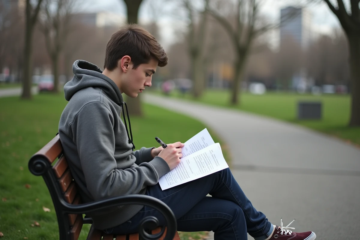 Jeune homme lit un PDF de questions de permis dans un parc