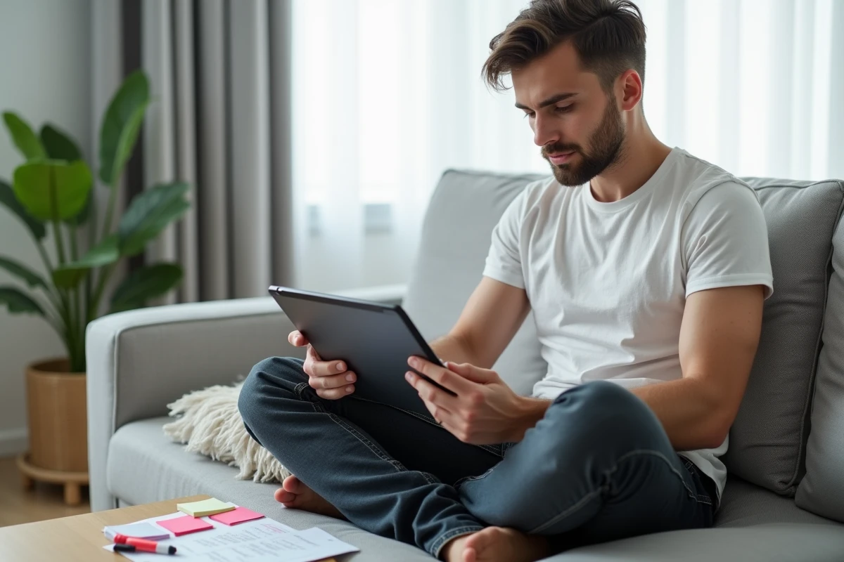 Jeune homme élaborant un plan de révision structuré à partir d'un PDF de vérification de permis sur une tablette dans son salon