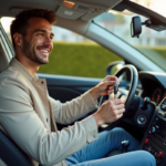 Jeune homme souriant recevant les clés de sa mère dans une voiture