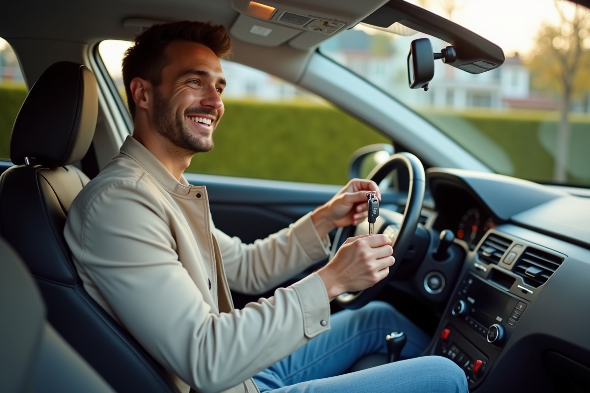Jeune homme souriant recevant les clés de sa mère dans une voiture