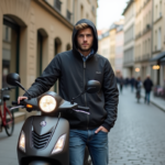 Jeune homme avec scooter 50cc sur une rue française