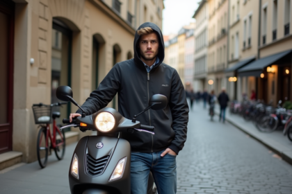 Jeune homme avec scooter 50cc sur une rue française