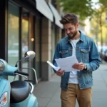 Jeune homme avec scooter et documents urbains