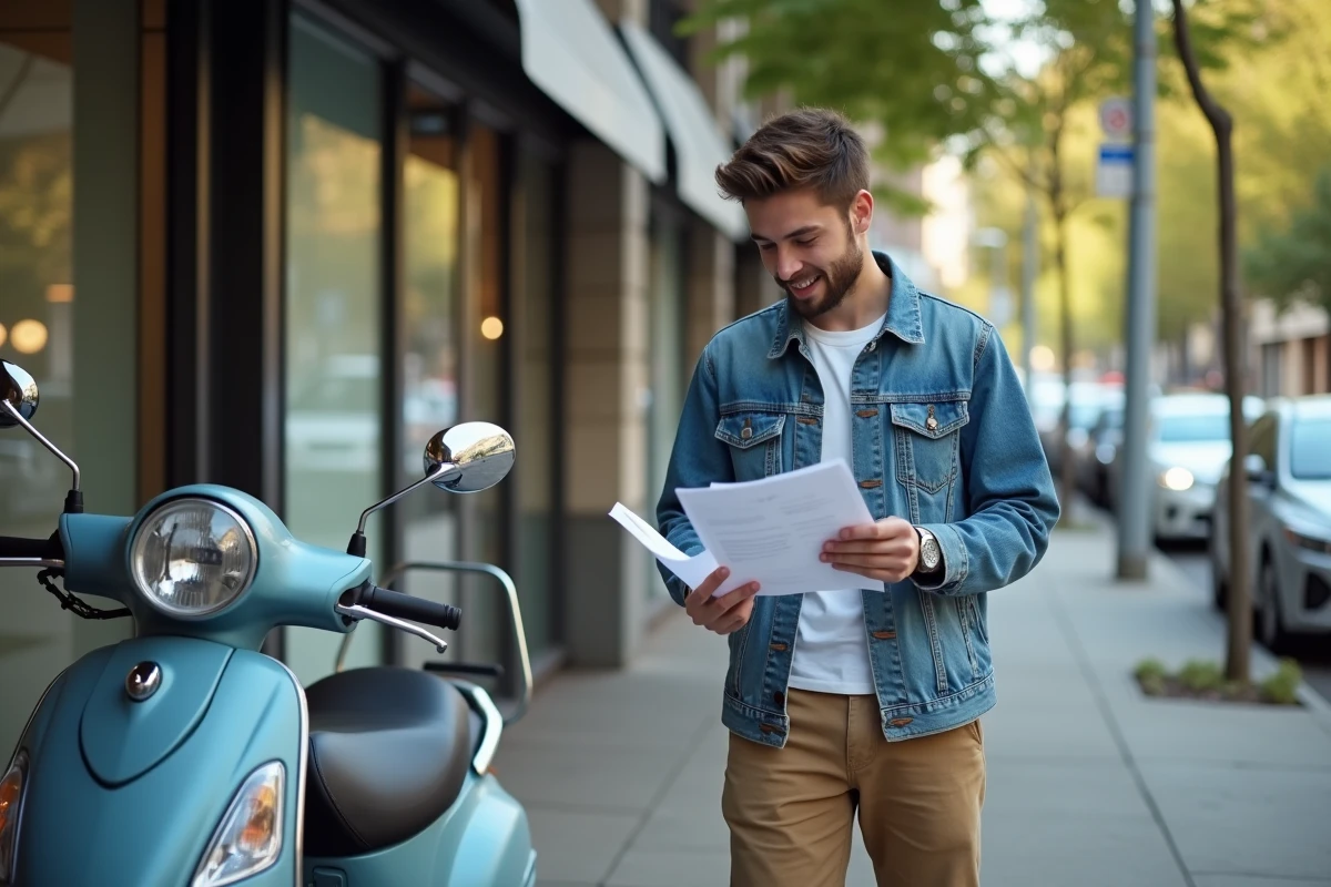 Jeune homme avec scooter et documents urbains