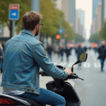 Jeune homme vérifiant le niveau de carburant de son scooter en ville