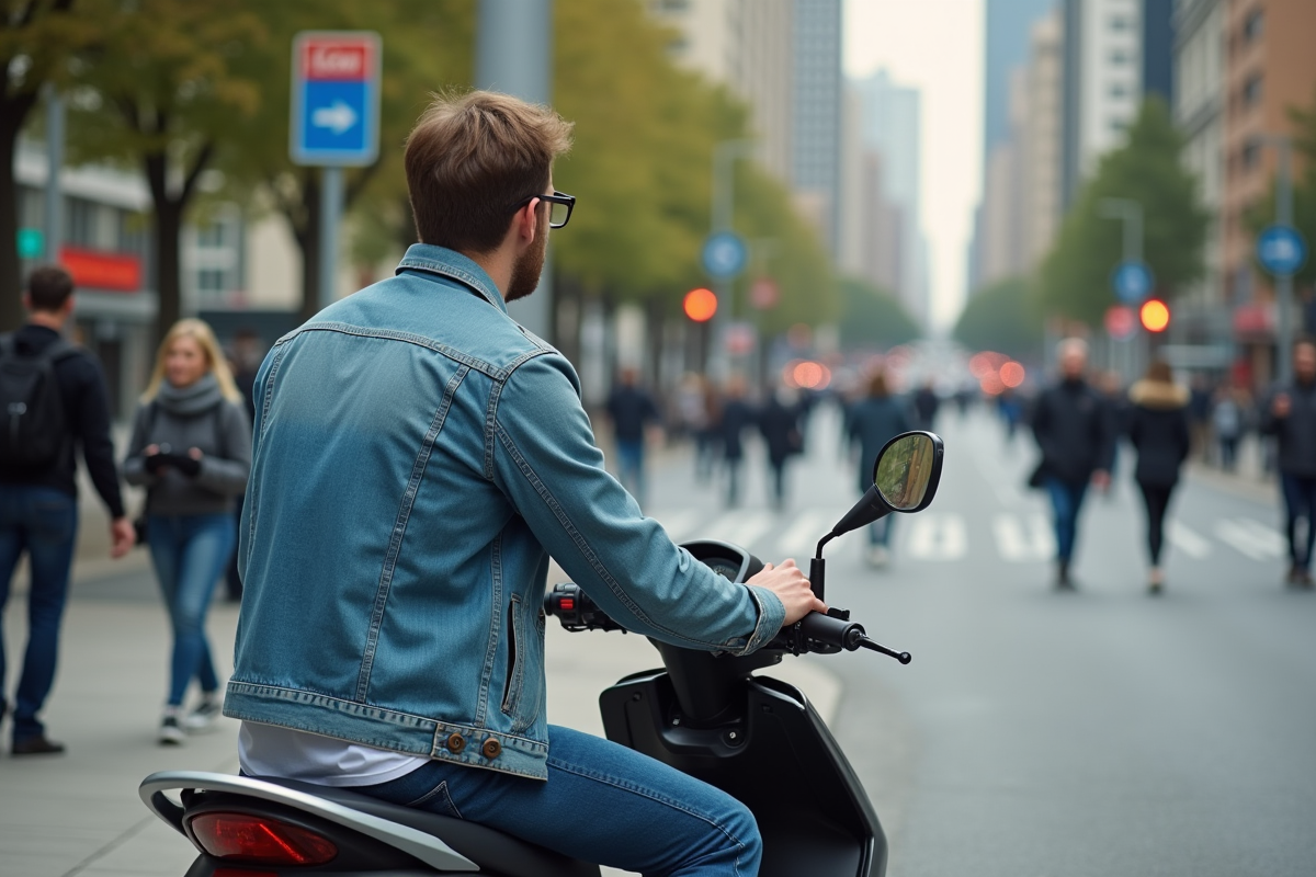 Jeune homme vérifiant le niveau de carburant de son scooter en ville