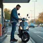 Jeune homme en denim vérifiant pompe à essence en ville