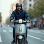 Jeune homme en scooter dans une ville urbaine dynamique