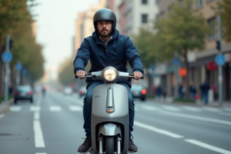 Jeune homme en scooter dans une ville urbaine dynamique