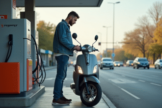 Jeune homme en denim vérifiant pompe à essence en ville