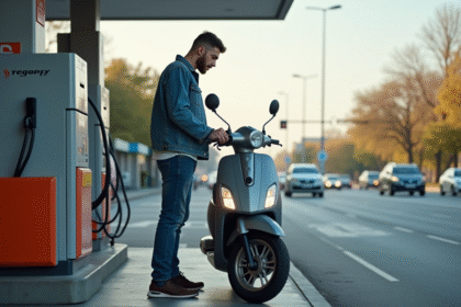Jeune homme en denim vérifiant pompe à essence en ville