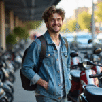 Jeune homme souriant regardant des scooters en ville