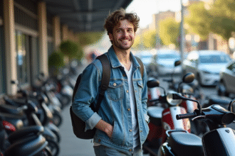 Jeune homme souriant regardant des scooters en ville