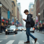 Adolescent en hoodie dans la ville avec son téléphone