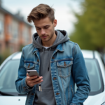 Jeune homme avec clés de voiture et smartphone dans un parking résidentiel