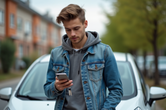 Jeune homme avec clés de voiture et smartphone dans un parking résidentiel