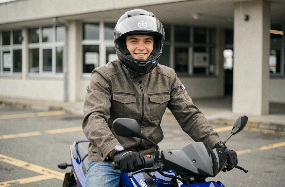Jeune conducteur débutant en équipement de sécurité assis sur une Yamaha TZR 50cc dans le parking d'une auto-école, casque intégral relevé