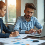 Jeune professionnel compare options d'assurance auto au bureau