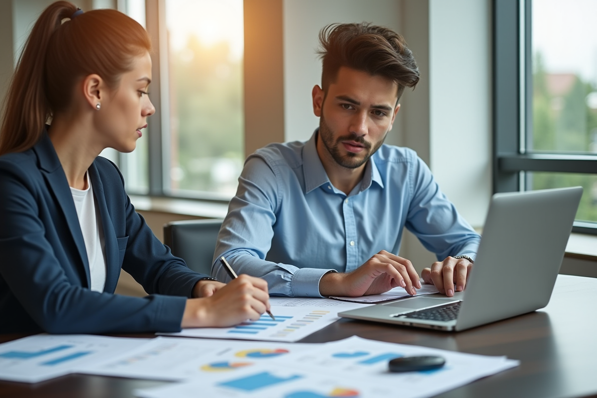 Jeune professionnel compare options d'assurance auto au bureau
