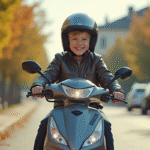 Jeune garçon souriant portant un casque en roulant en scooter