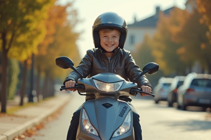 Jeune garçon souriant portant un casque en roulant en scooter