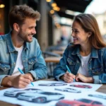 Jeunessse discutant autour de magazines auto en ville