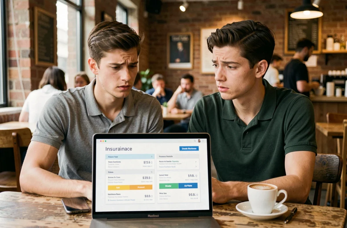 Deux jeunes conducteurs en polo comparant les prix d'assurance auto sur un ordinateur portable dans un café