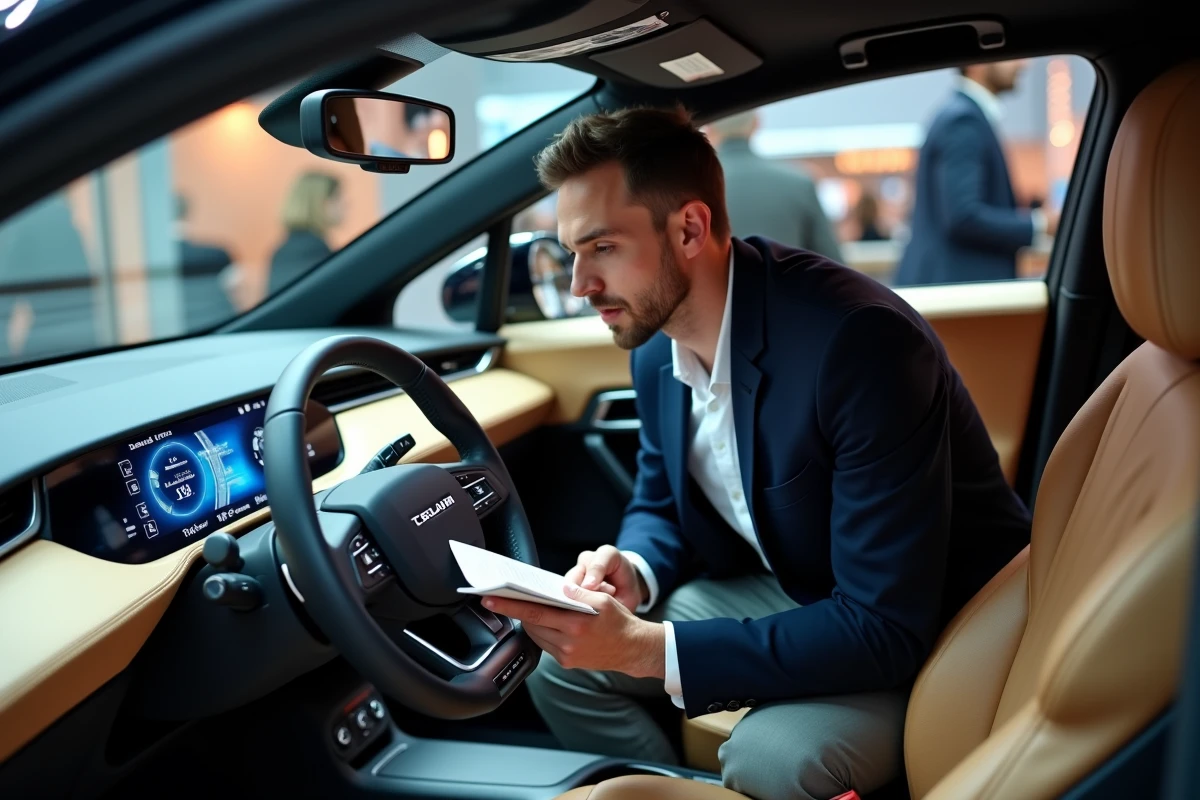 Journaliste automobile examinant l'intérieur d'un SUV hybride rechargeable lors du Salon de Paris 2026