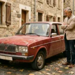 Une LADA 2107 rouge garée dans une rue pavée française avec un homme d'âge mûr qui l'examine d'un air pensif en automne
